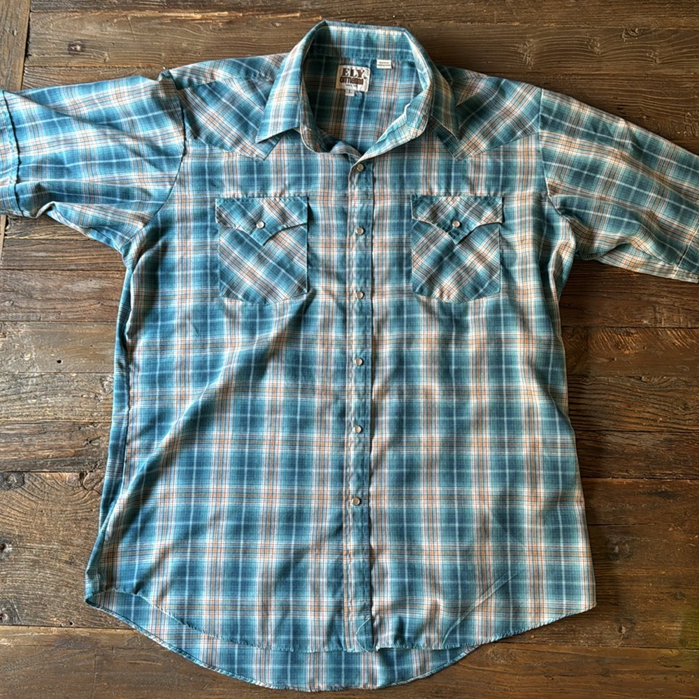Vintage Ely Cattleman cotton pearl snap short‎ sleeve western shirt EVC size L